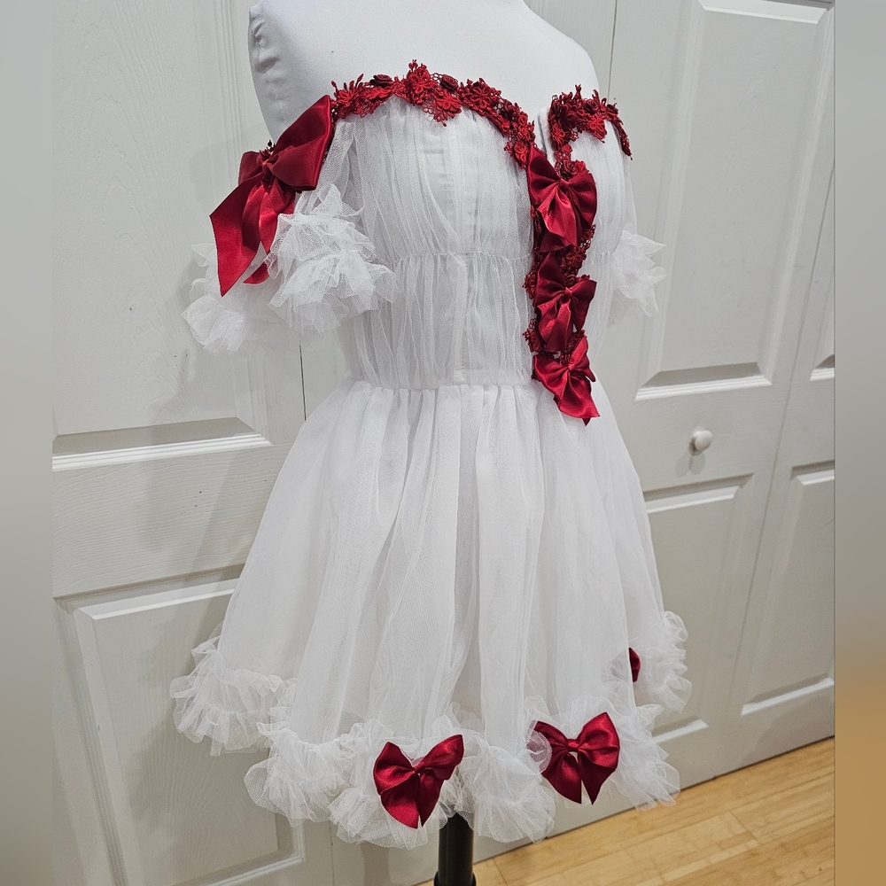 ~SOLD~ Dolls Kill Sugar Thrillz White Tulle Red Bow Winter Rose Mini Dress S - Picture 7 of 8